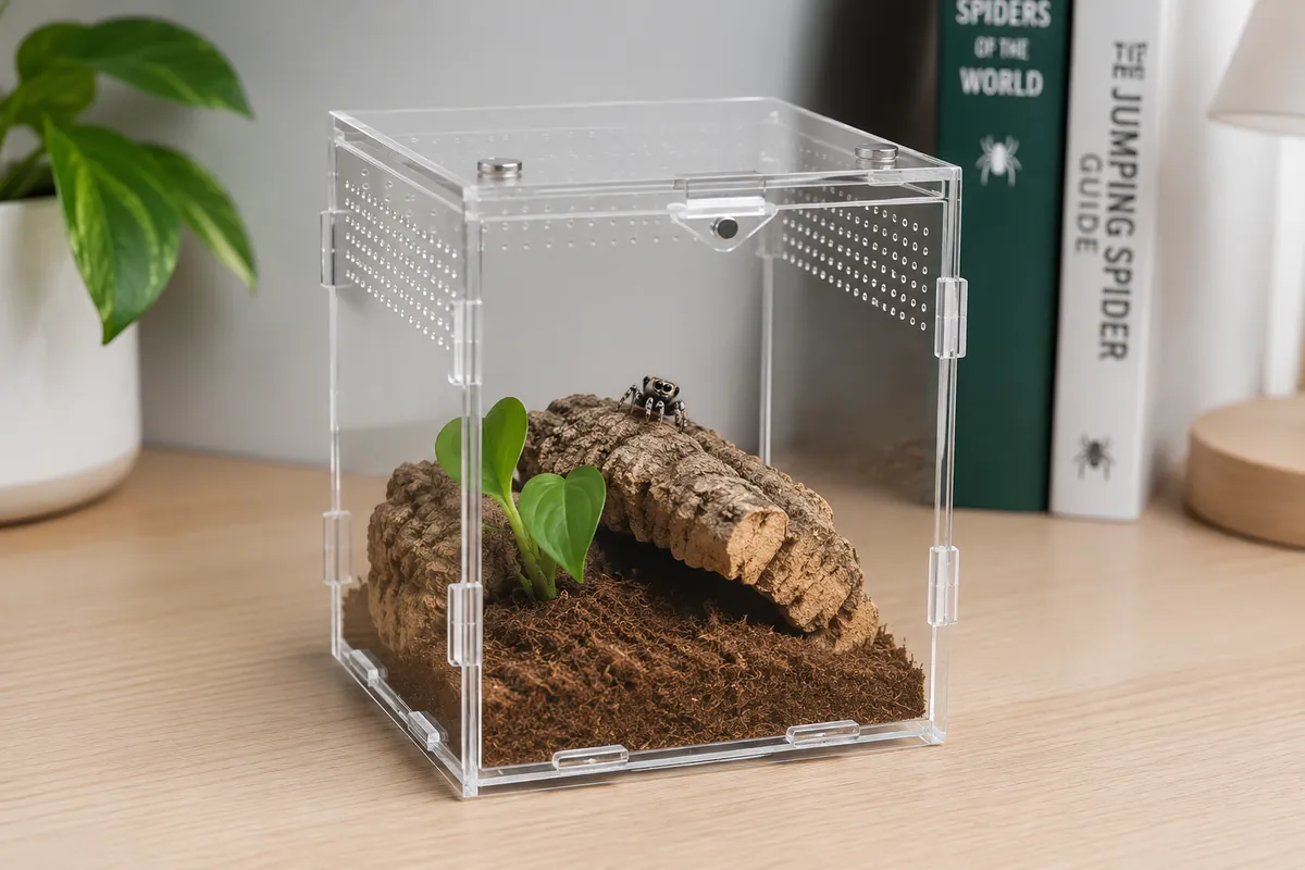 A simple jumping spider habitat in a clear acrylic enclosure with cork bark and a plant sprout, on a shelf beside spider-keeping books