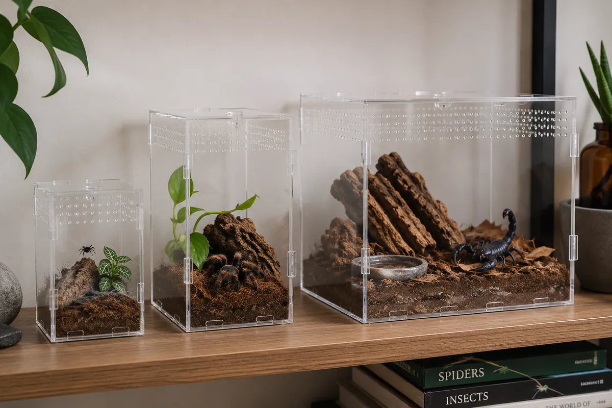 Several clear acrylic enclosures in different sizes set up side by side on a shelf for small invertebrates