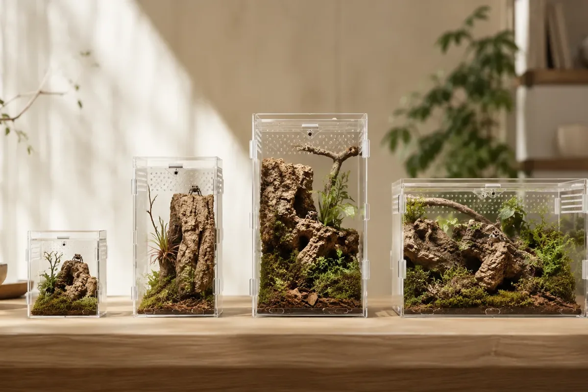Four clear acrylic enclosures lined up from smallest to largest on a wooden shelf
