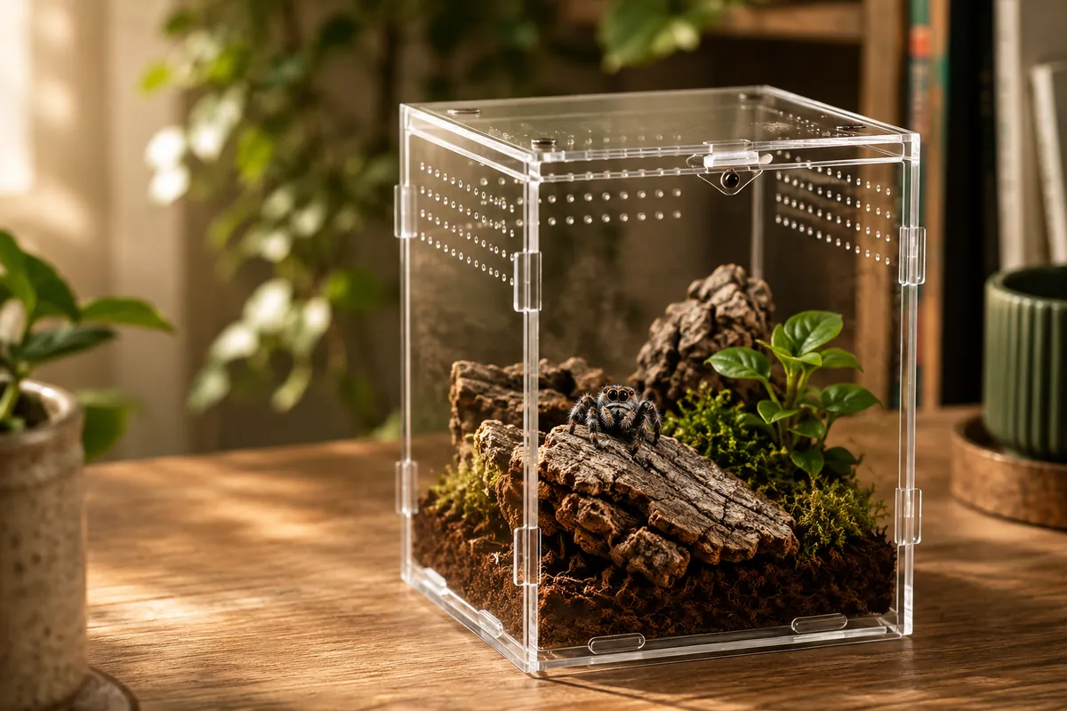 A fully set-up jumping spider terrarium in a clear acrylic enclosure with cork bark, moss and a small plant, lit by warm light