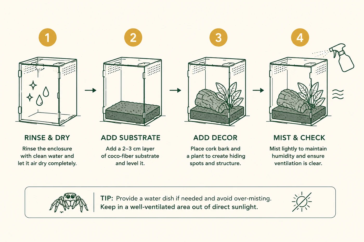 Four-step jumping spider terrarium setup infographic: rinse and dry, add substrate, add decor, mist and check ventilation