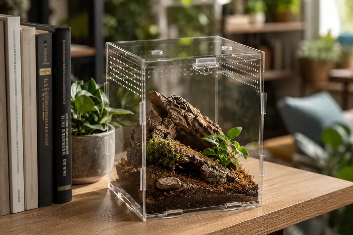 An ArachNest acrylic enclosure set up on a shelf beside books and a plant