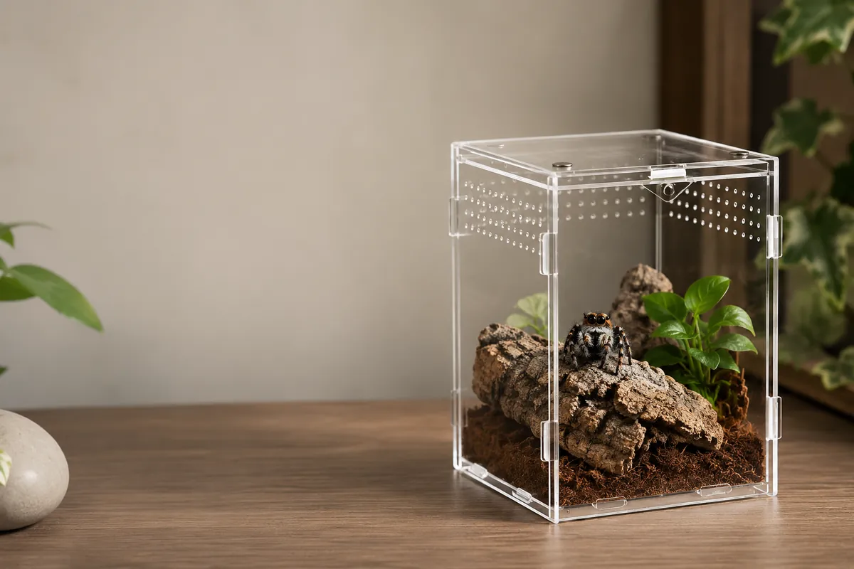 Enclosure set up with cork bark and a plant