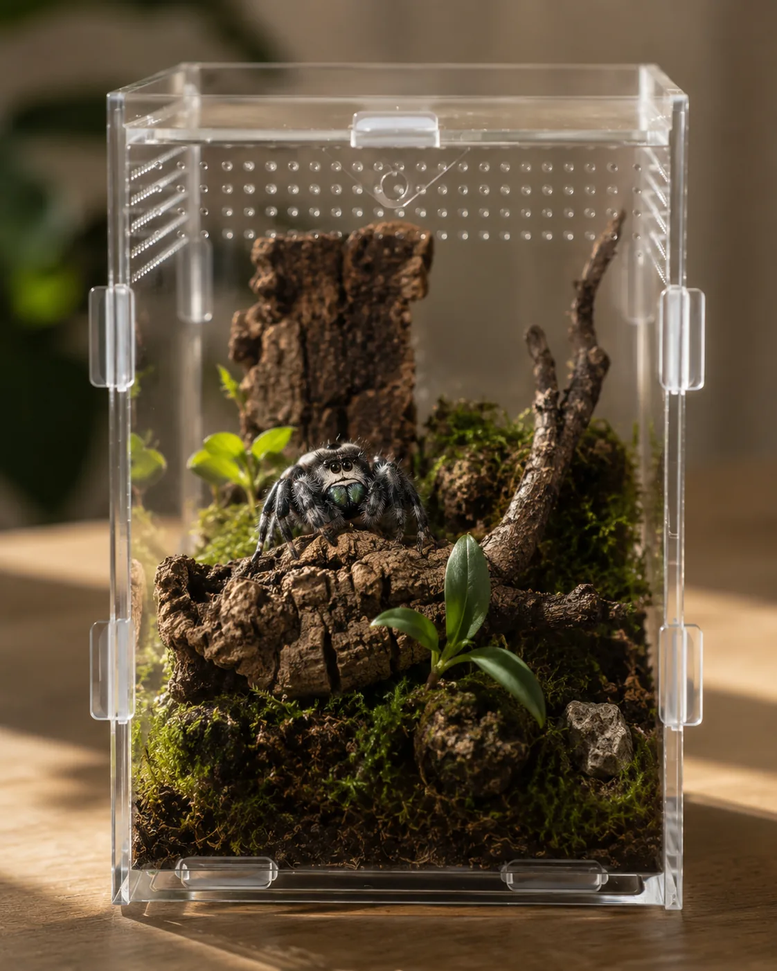 A regal jumping spider with iridescent green fangs perched on a cork bark mound inside a clear acrylic enclosure, surrounded by green moss, small live plant sprouts and a bare branch