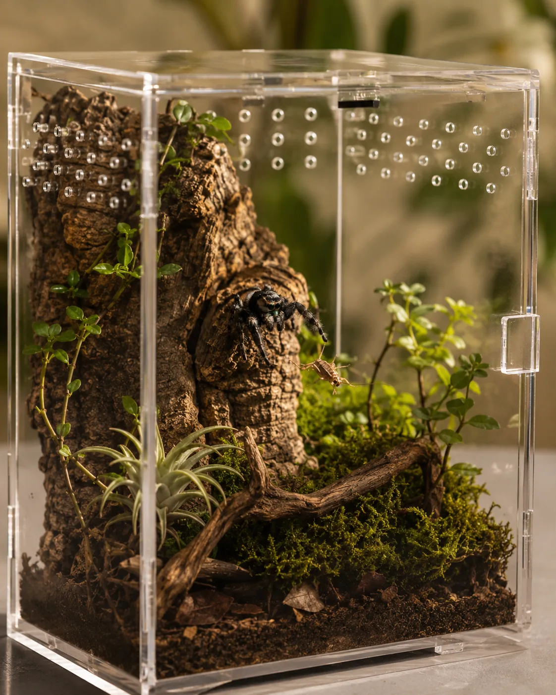 A fully assembled tall clear acrylic enclosure planted with cork bark, moss, several small plants and an air plant, a jumping spider on the cork with a cricket nearby