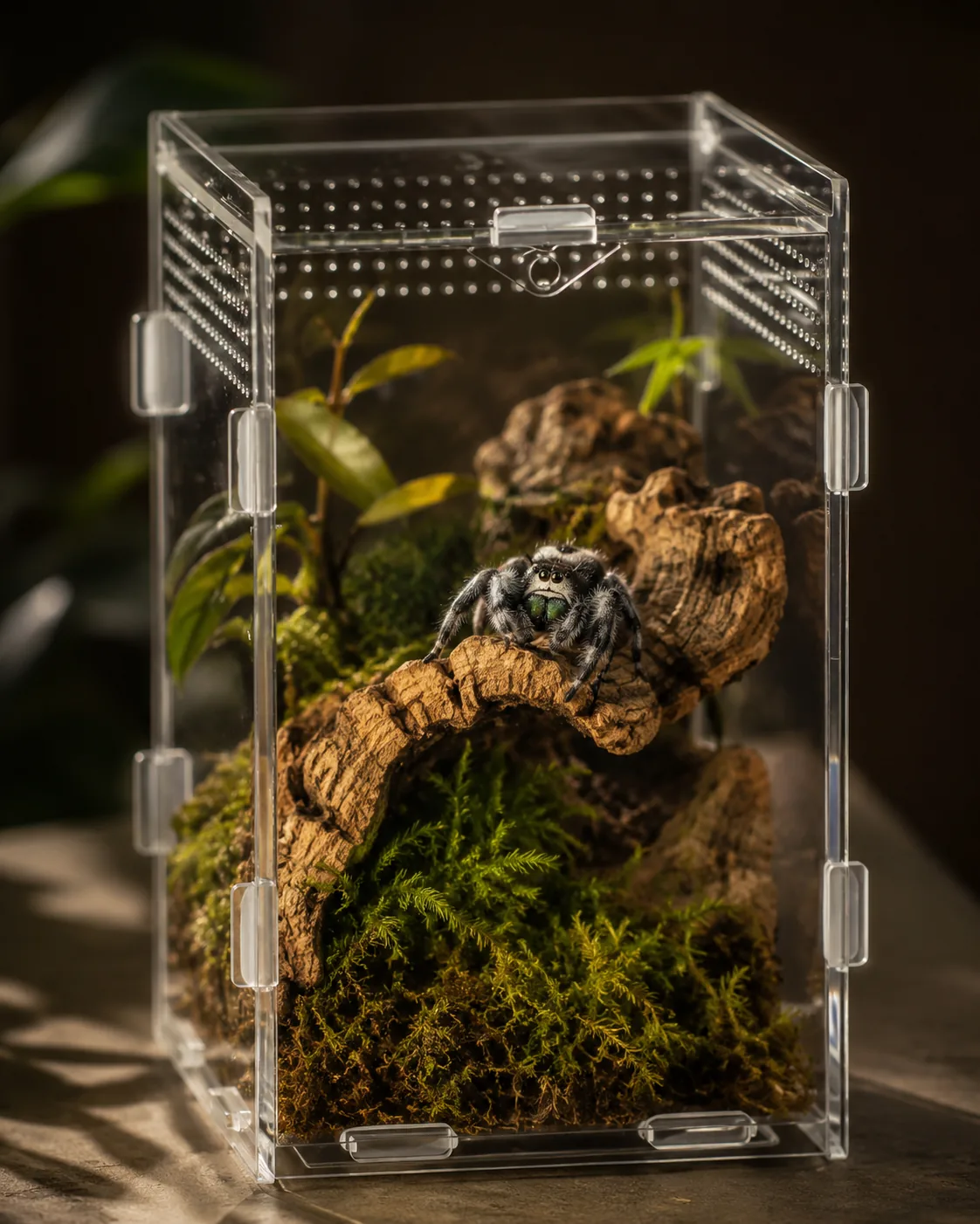 A jumping spider on a cork bark arch inside a tall clear acrylic enclosure planted with moss and a small plant, lit warmly from the side against a dark background