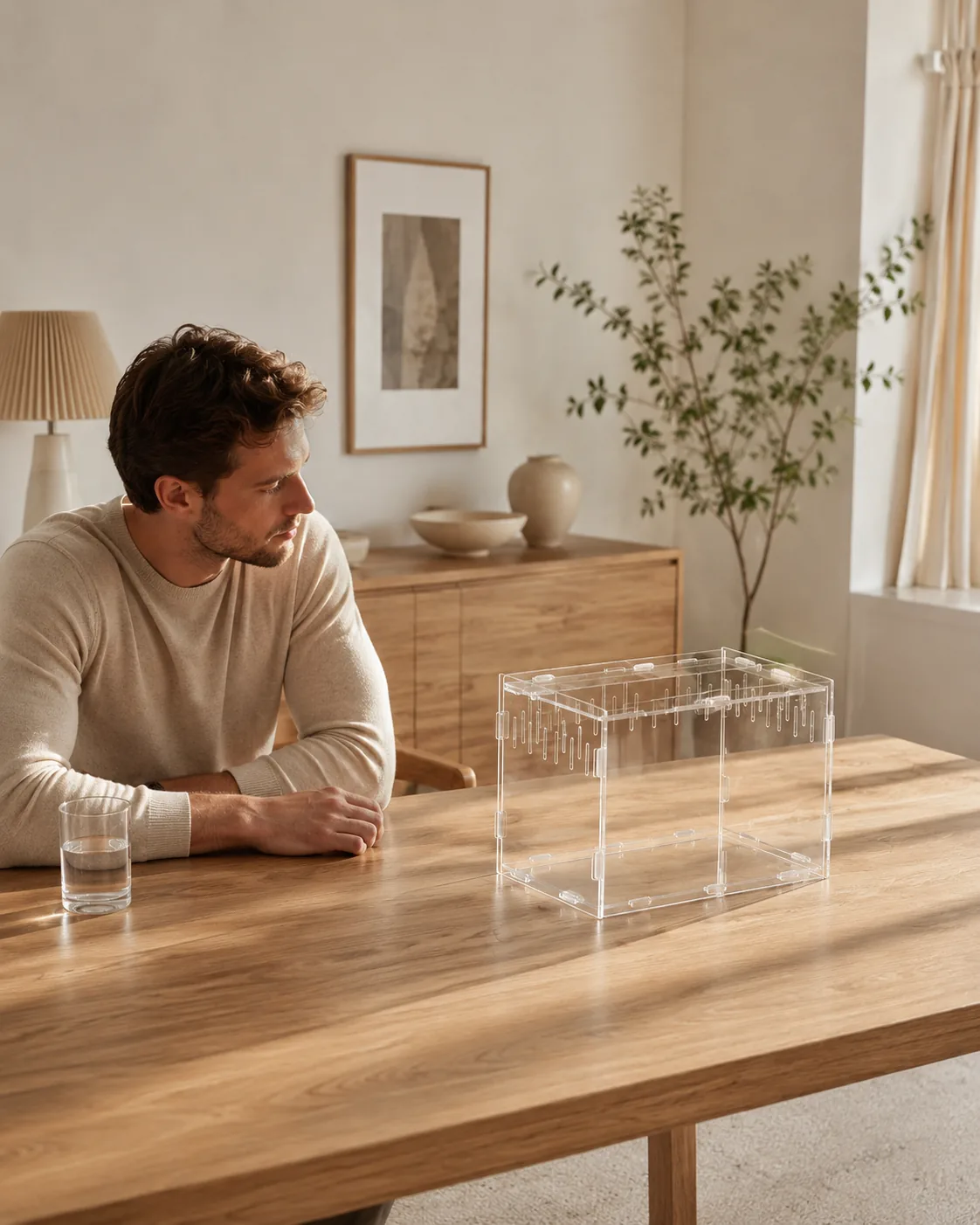 A man seated at a wooden table rests on his forearms and looks toward an empty clear acrylic jumping spider enclosure placed in front of him in a bright, plant-filled living room