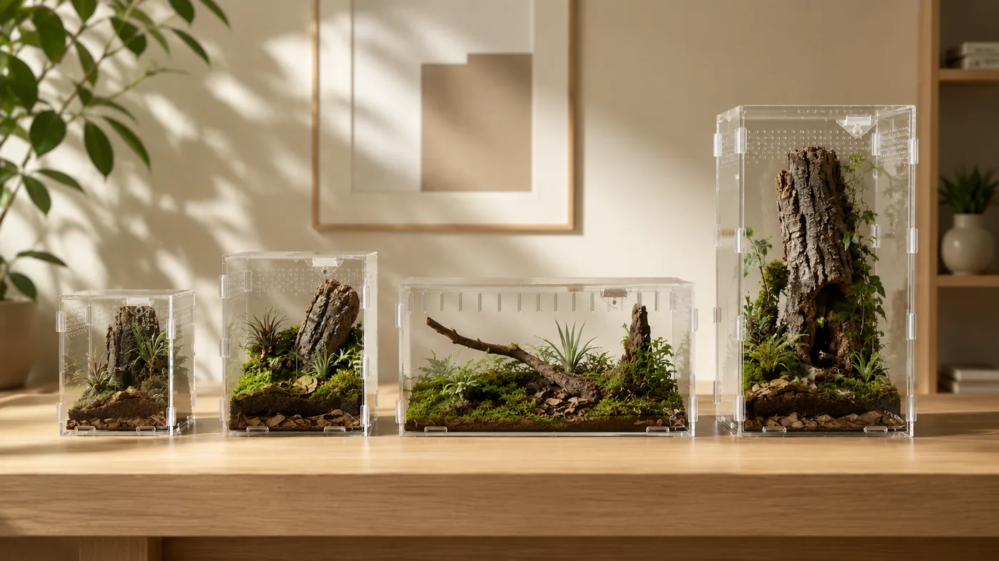 Four ArachNest acrylic enclosures lined up from smallest to largest on a light wood desk, each planted with cork bark, moss and small plants, beside a leafy houseplant