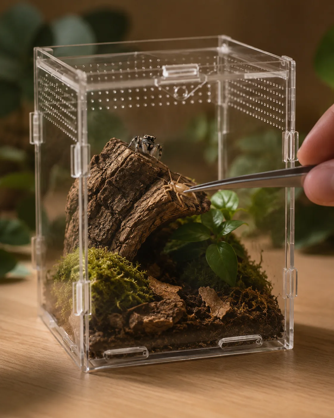 Close-up of a jumping spider on cork bark inside a ventilated acrylic enclosure as a hand uses feeding tongs to offer it a cricket