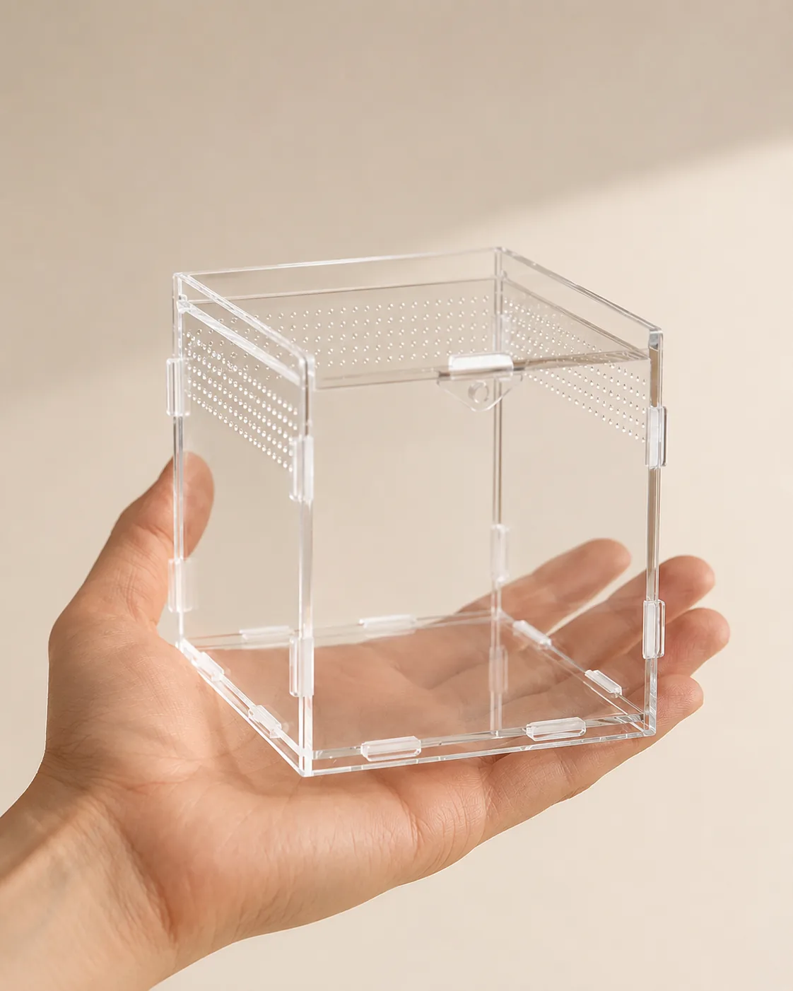 A hand holding the compact clear acrylic ArachNest cube to show how small it is, with laser-cut ventilation holes on the panels and a magnetic lid clip