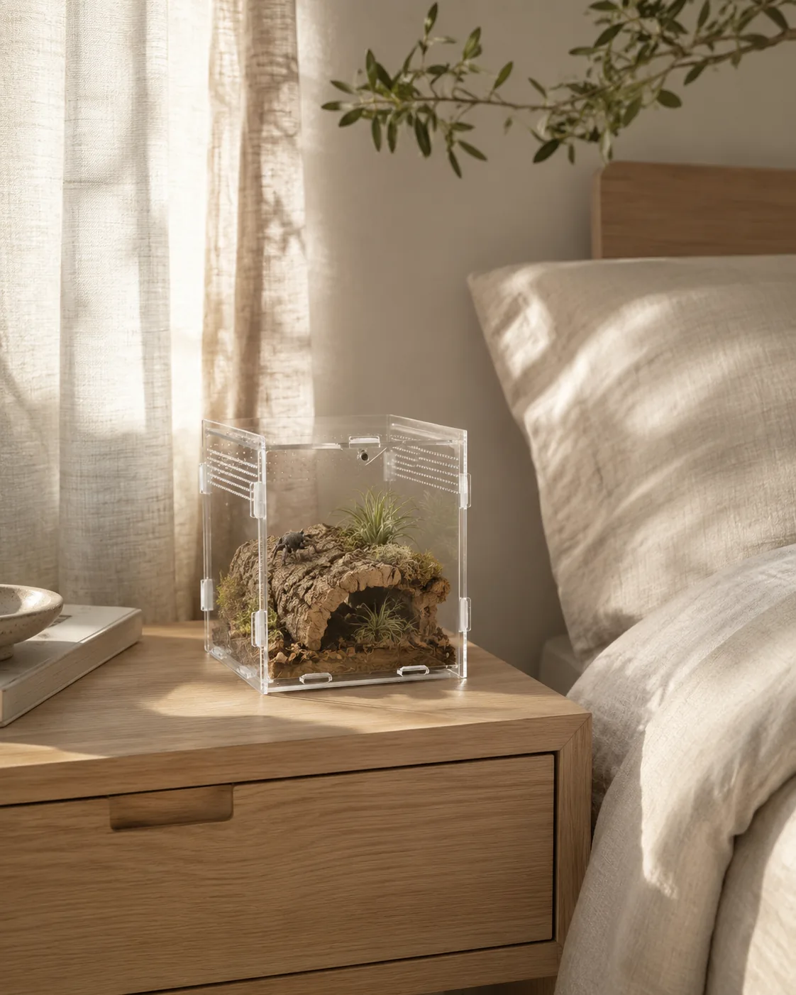 A cube acrylic enclosure on a wood bedside table next to a bed, holding a cork bark arch, moss and air plants, with a small jumping spider perched on top of the cork