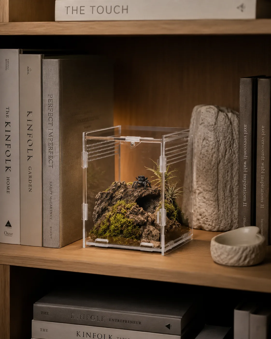A small ArachNest acrylic enclosure with a cork-and-moss setup and a jumping spider, styled on a wooden bookshelf between design books