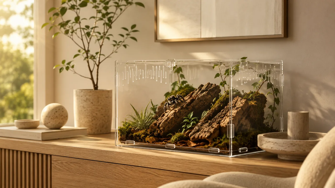 A wide acrylic terrarium on a light wood sideboard, planted with cork bark, moss, air plants and trailing ivy, with a jumping spider perched on the bark and a potted plant beside it