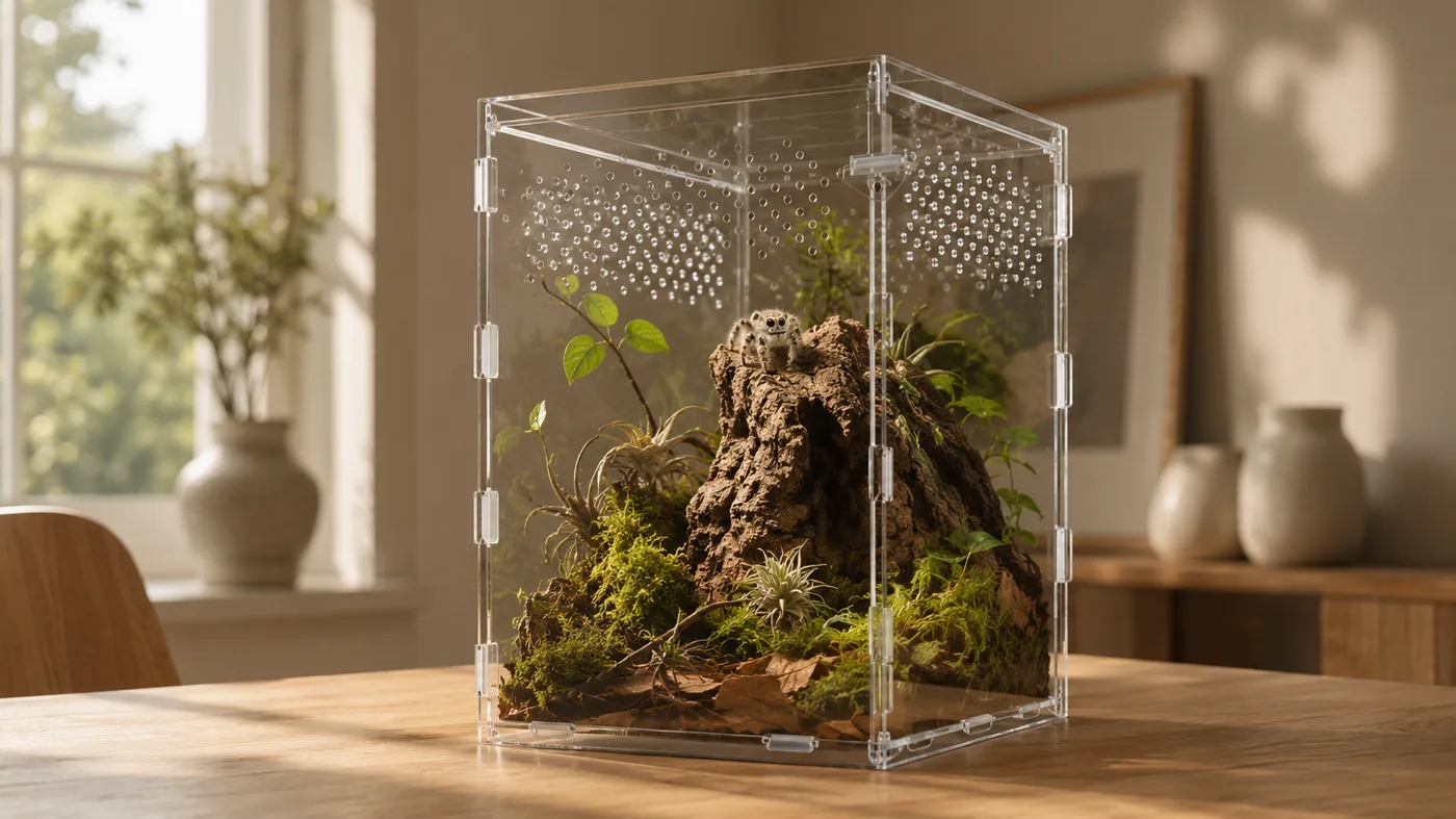 A planted ArachNest acrylic enclosure with cork bark, moss and air plants on a wooden table by a bright window, a jumping spider resting on the cork inside