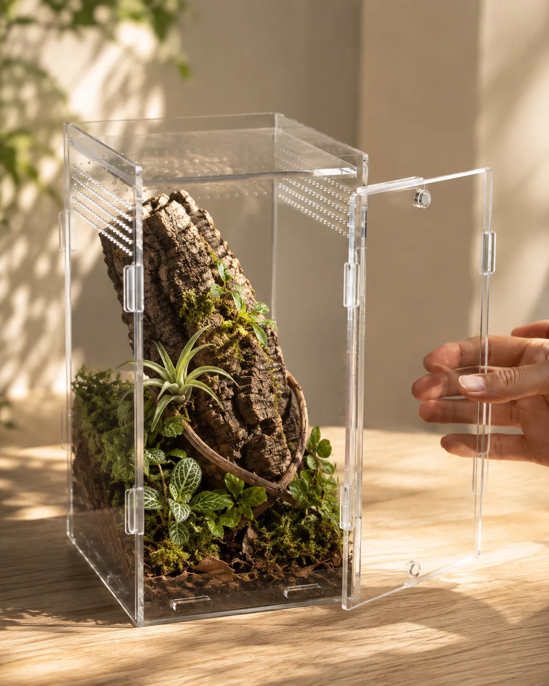 Two hands lifting the clear hinged front door off a planted ArachNest enclosure with cork bark, moss and air plants inside