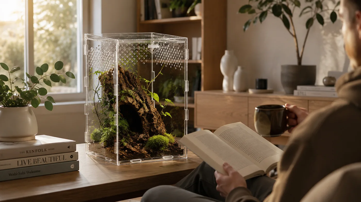 A planted acrylic spider enclosure on a table in a cozy reading nook, with stacked home design books and a potted plant nearby, while a person sits reading a book and holding a mug of coffee