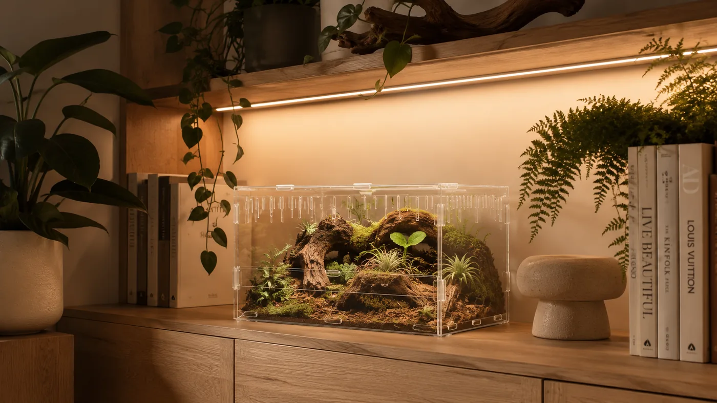 A low, wide acrylic enclosure with cork bark, moss and small plants lit by a warm LED strip on a wood sideboard, flanked by houseplants, design books and a rounded ceramic stool