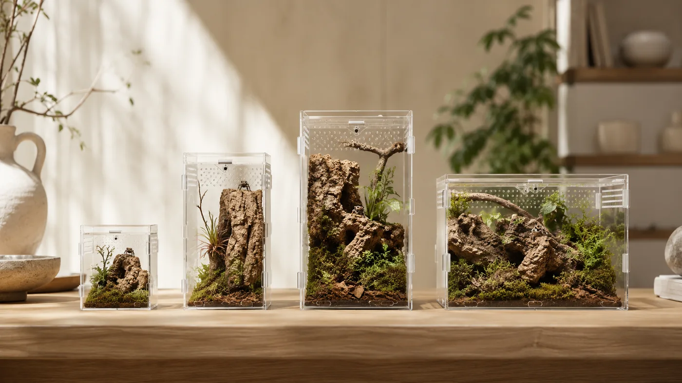 The ArachNest acrylic enclosures lined up from smallest to largest on a wood surface in warm backlight, each planted with cork bark, moss and small plants