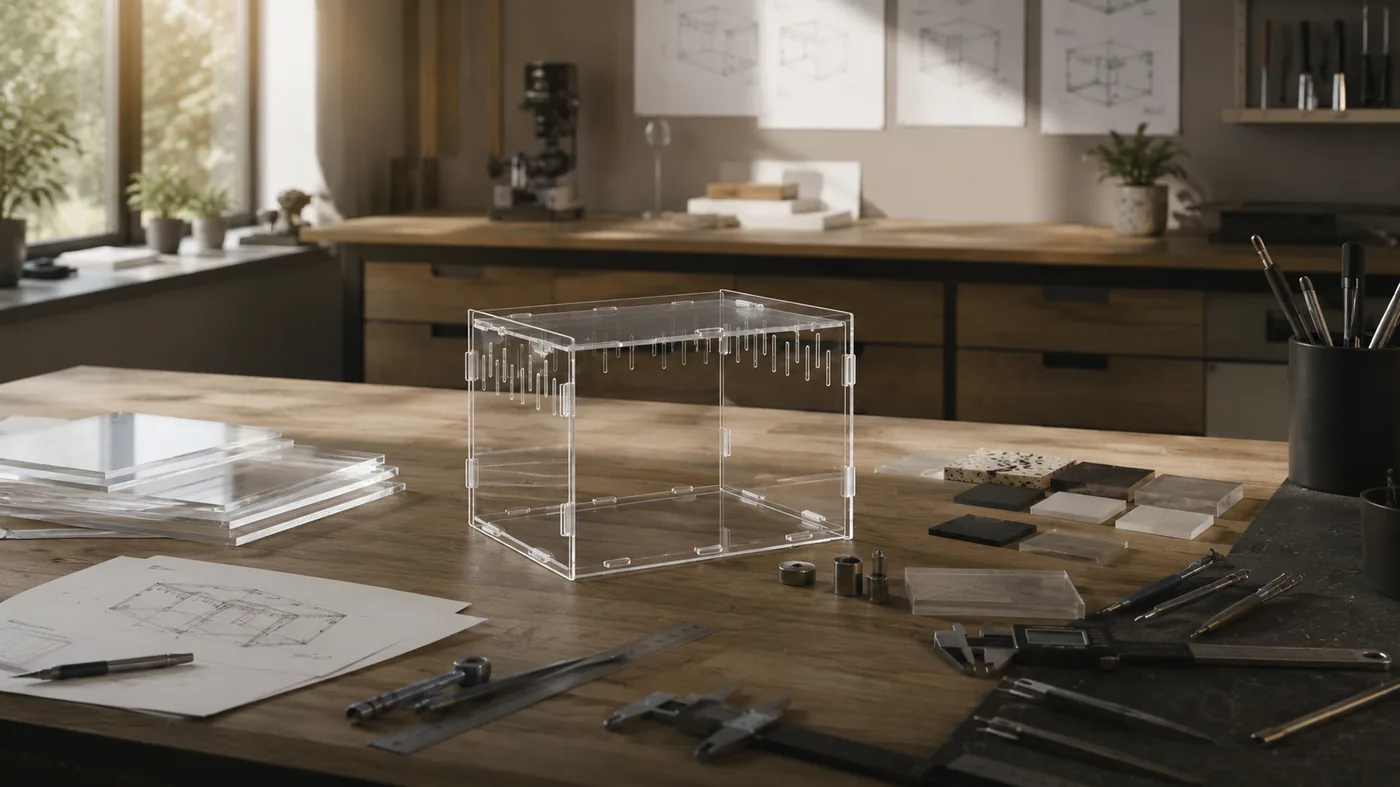 An empty clear acrylic jumping spider enclosure on a wooden workbench, surrounded by technical drawings, a caliper, stacked acrylic panels and material samples in a design workshop